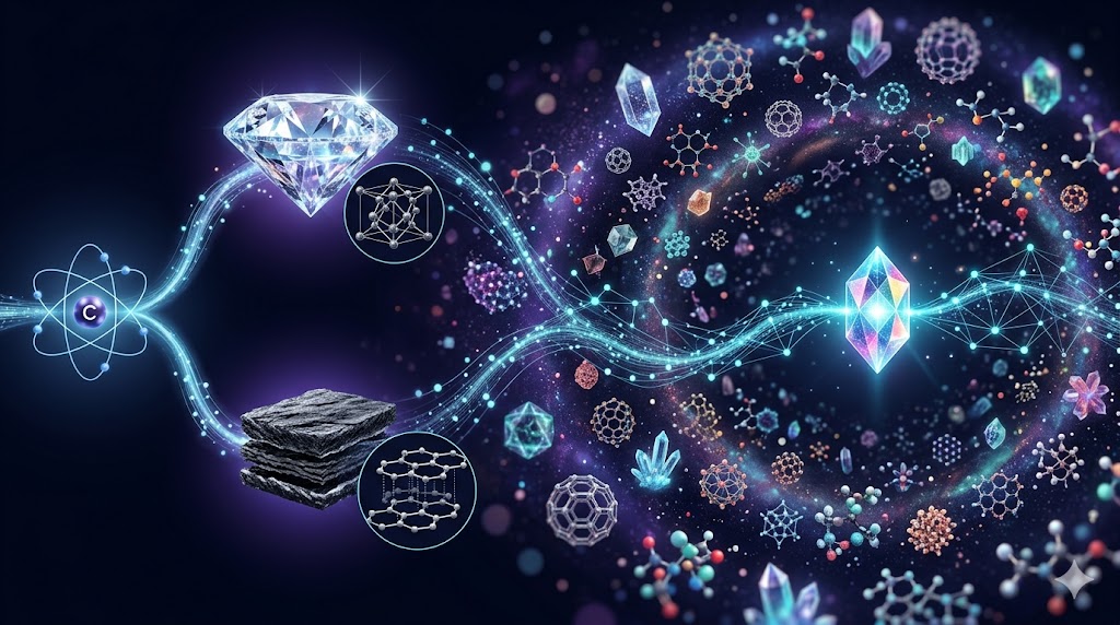 From a single carbon atom to diamond and graphite, expanding into a vast space of countless materials